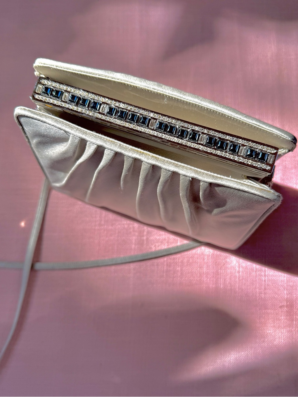 RARE Judith Leiber Silver Satin/Silk Crystal Frame Evening Bag/ Clutch